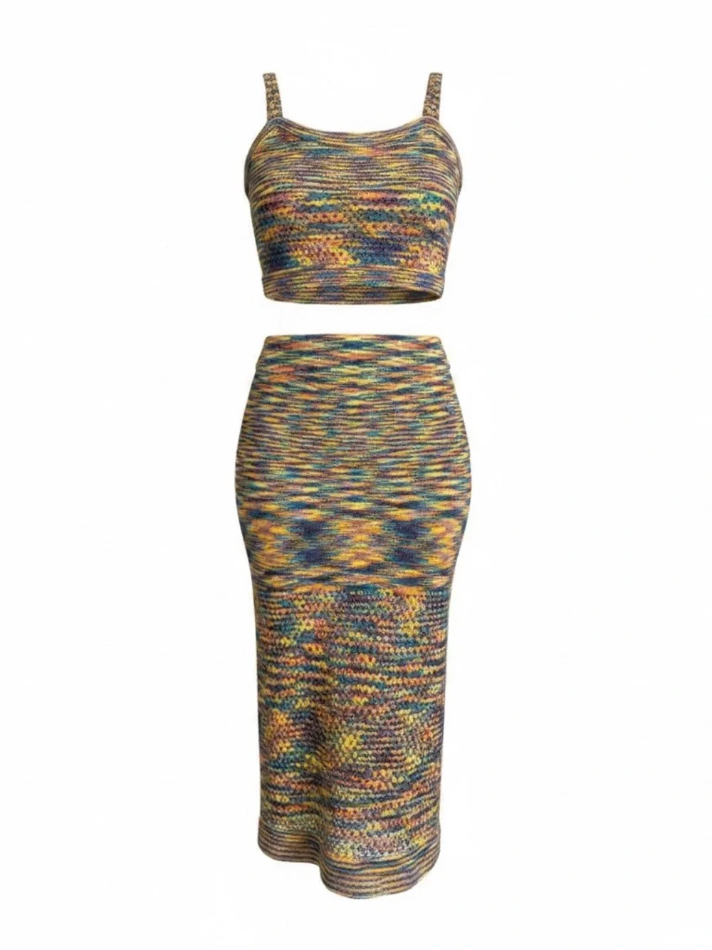 Vici Multicolor Knit Two-Piece Skirt Set in Yellow, Blue, Green